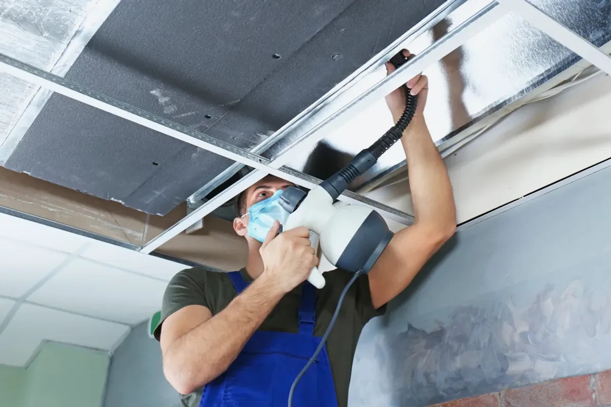 Worker in a mask cleaning a ceiling air duct with a handheld tool