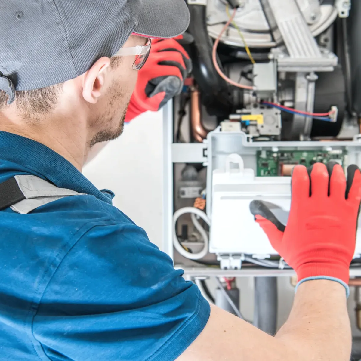 Technician in red gloves servicing a boiler's controls